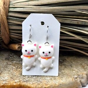 White Cat Earrings Pierced Cat Lady Dangle Drop Jewelry Light Weight Handmade
